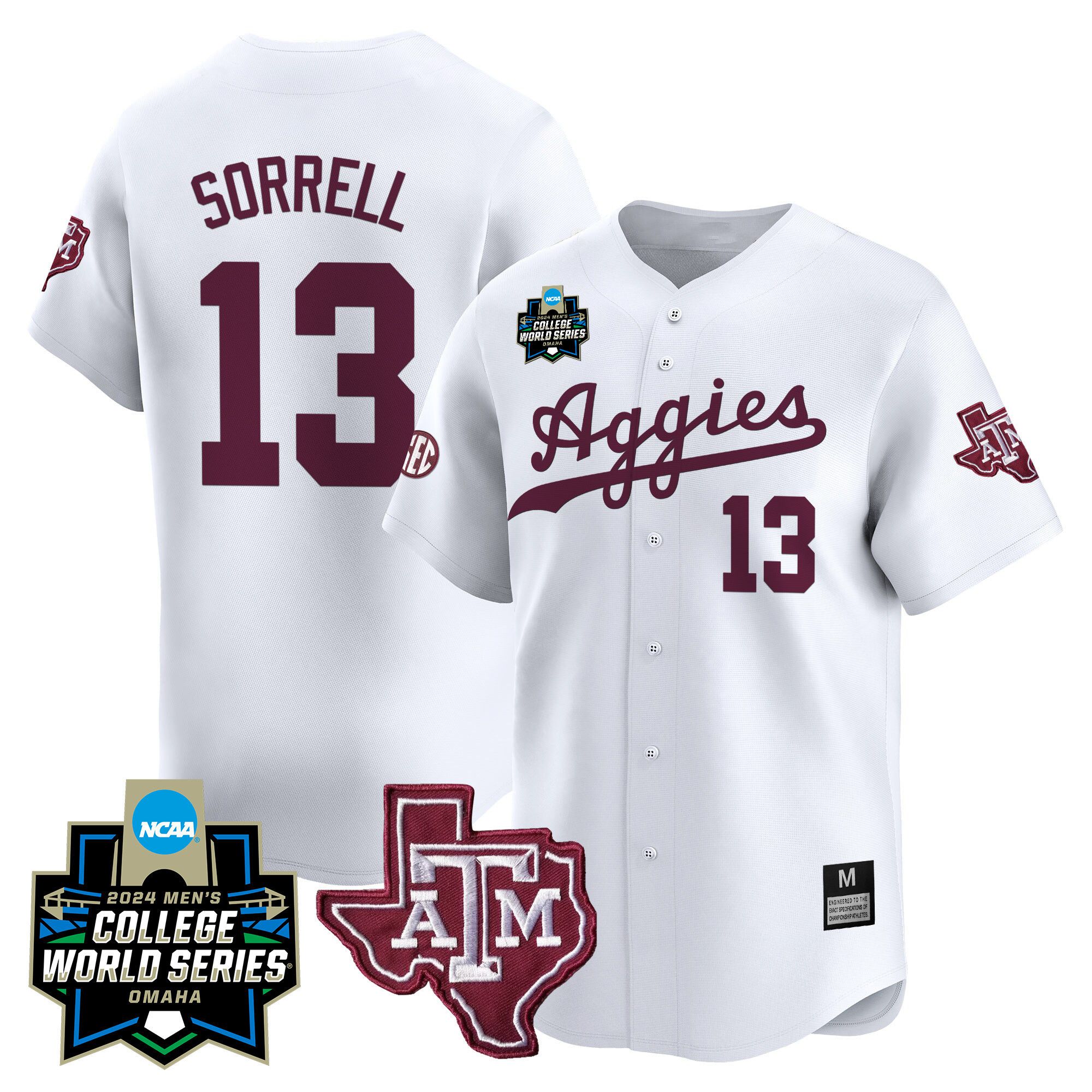 Men Texas A&M Aggies #13 Sorrell White 2024 College World Series Vapor Premier Limited NCAA Jersey